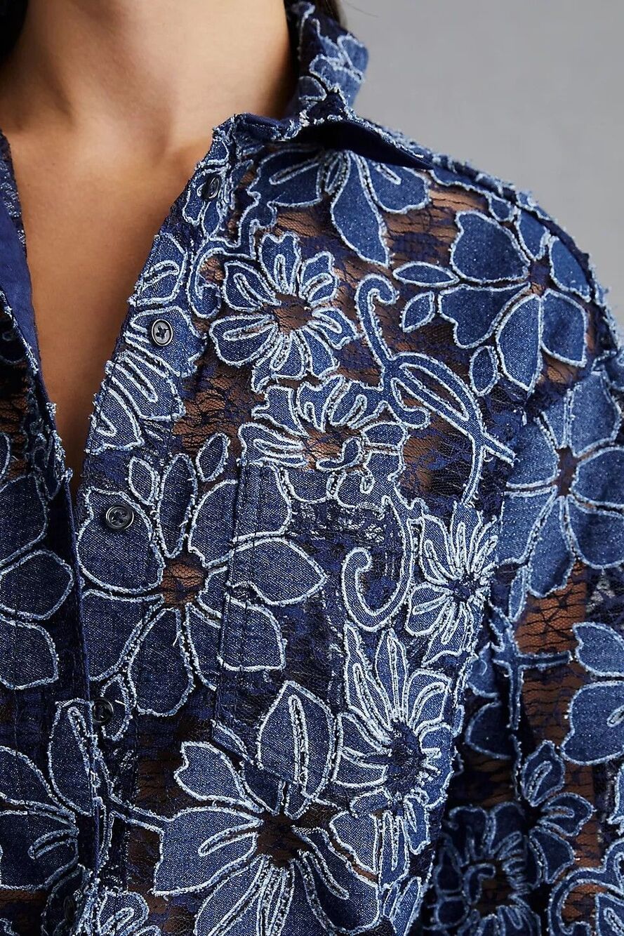 Anthropologie Pilcro Sheer Lace Button Blouse Shirt Top - Petite XS